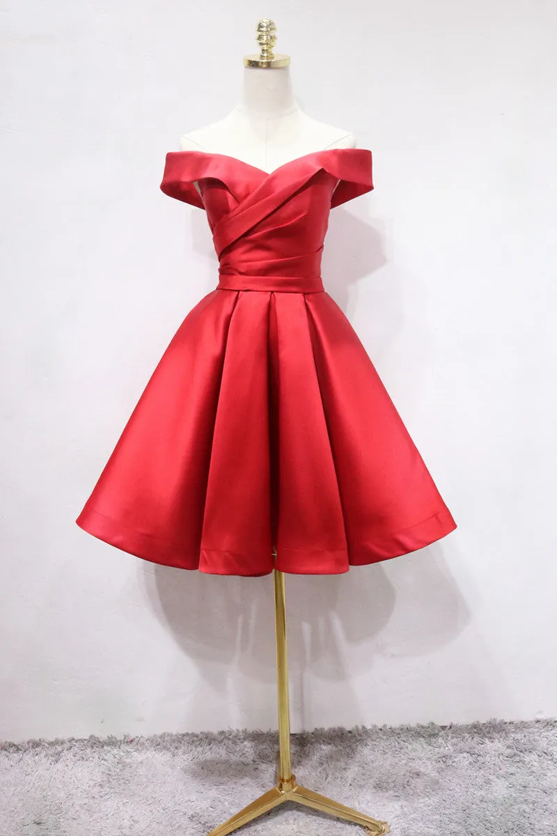 Red Satin Off Shoulder Short Party Dress, Red Homecoming Dress Prom Dress