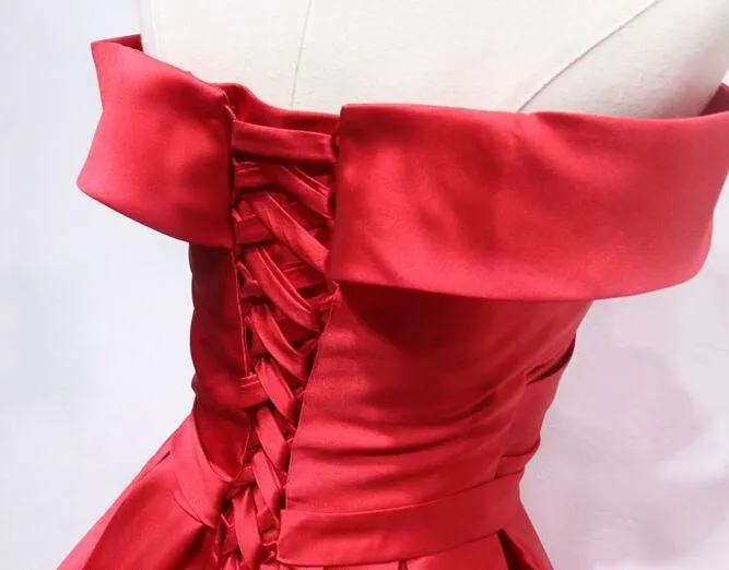 Red Satin Off Shoulder Short Party Dress, Red Homecoming Dress Prom Dress