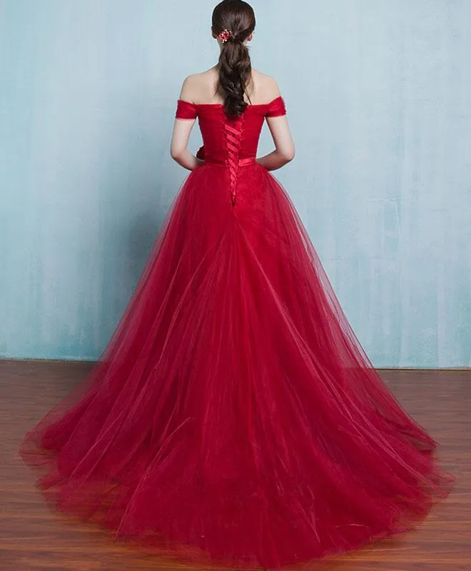 Red Tulle Off the Shoulder Long Party Dress, Red Formal Gown