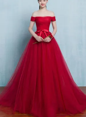 Red Tulle Off the Shoulder Long Party Dress, Red Formal Gown