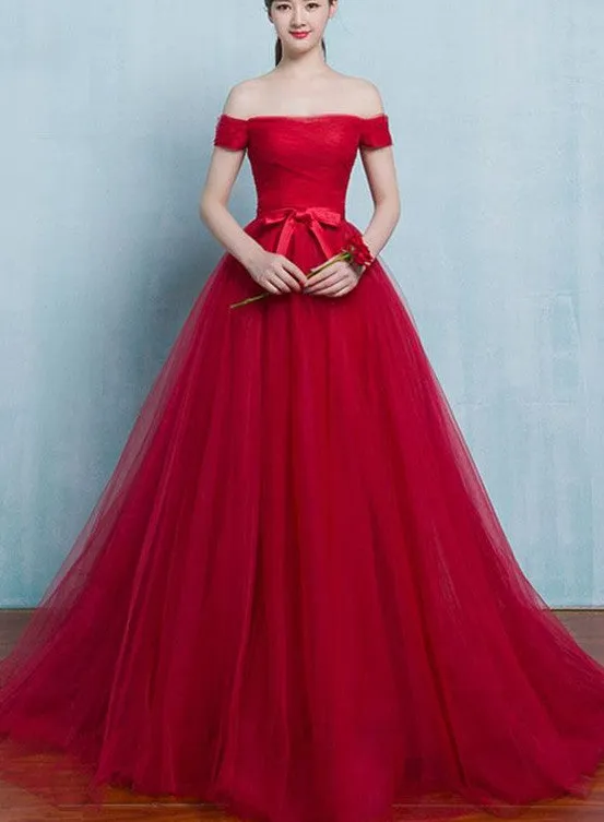 Red Tulle Off the Shoulder Long Party Dress, Red Formal Gown