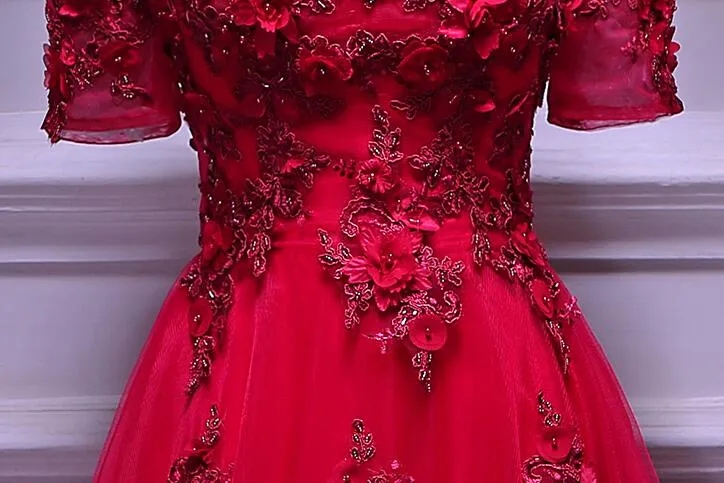 Red Tulle Short Sleeves Lace Applique Long Junior Prom Dress, Red Formal Gown