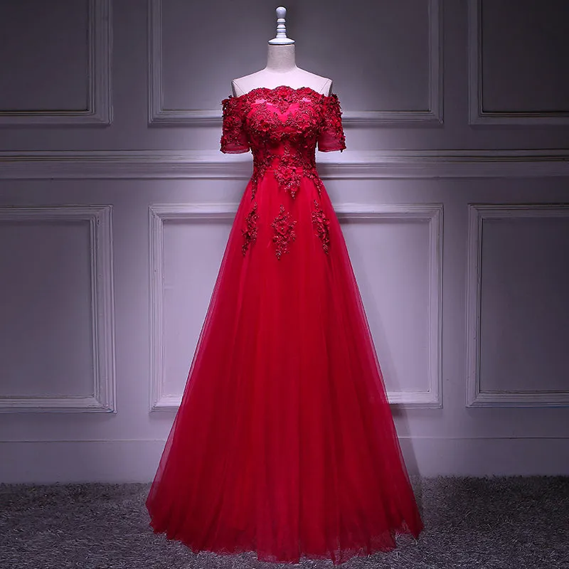 Red Tulle Short Sleeves Lace Applique Long Junior Prom Dress, Red Formal Gown