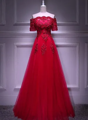 Red Tulle Short Sleeves Lace Applique Long Junior Prom Dress, Red Formal Gown