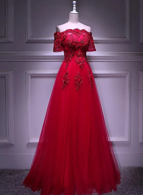 Red Tulle Short Sleeves Lace Applique Long Junior Prom Dress, Red Formal Gown