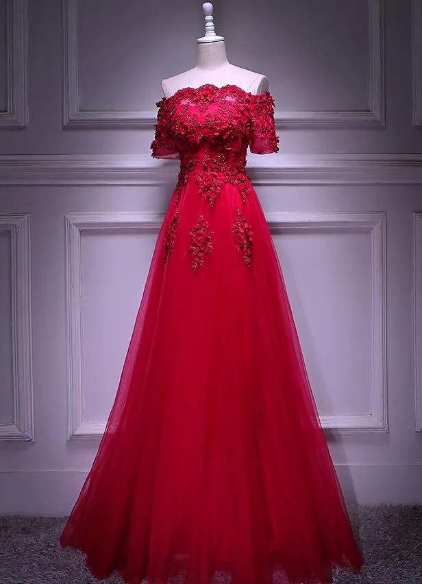 Red Tulle Short Sleeves Lace Applique Long Junior Prom Dress, Red Formal Gown