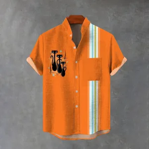 Retro Striped Black Cat Print Cotton And Linen Short-Sleeved Shirt