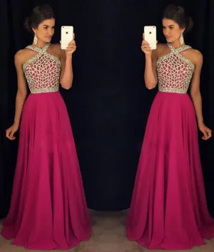 Rose red beaded long prom dress for teens, rose red formal dress