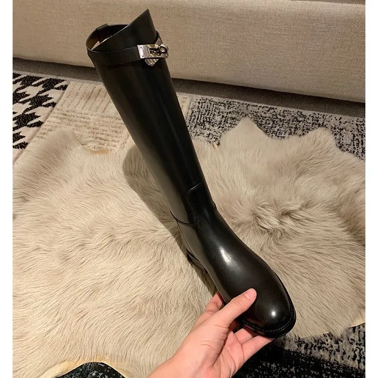 Round Head Metal Buckle Below The Knee Versatile Casual Tube Knight Boots Lot