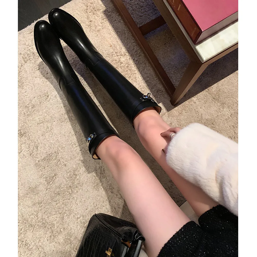 Round Head Metal Buckle Below The Knee Versatile Casual Tube Knight Boots Lot