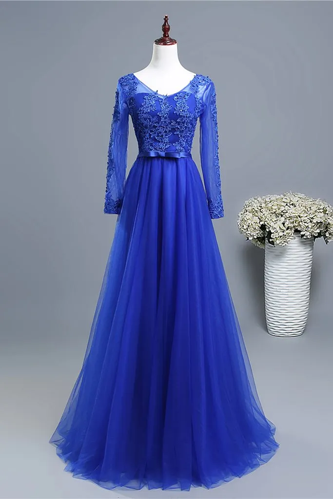 Royal Blue Long Sleeves Tulle with Lace Applique Formal Gown, Blue Bridesmaid Dress Party Dresses