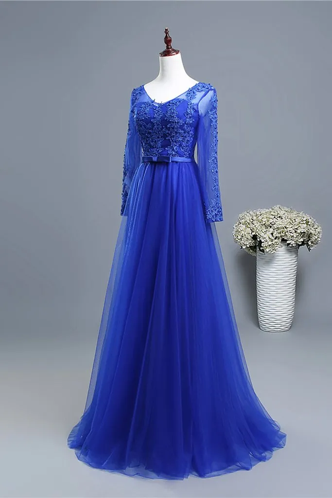 Royal Blue Long Sleeves Tulle with Lace Applique Formal Gown, Blue Bridesmaid Dress Party Dresses