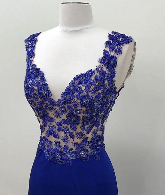 Royal blue v neck mermaid long prom dress, blue formal dress