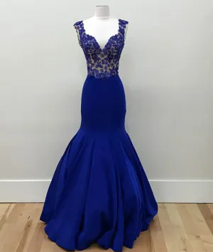 Royal blue v neck mermaid long prom dress, blue formal dress