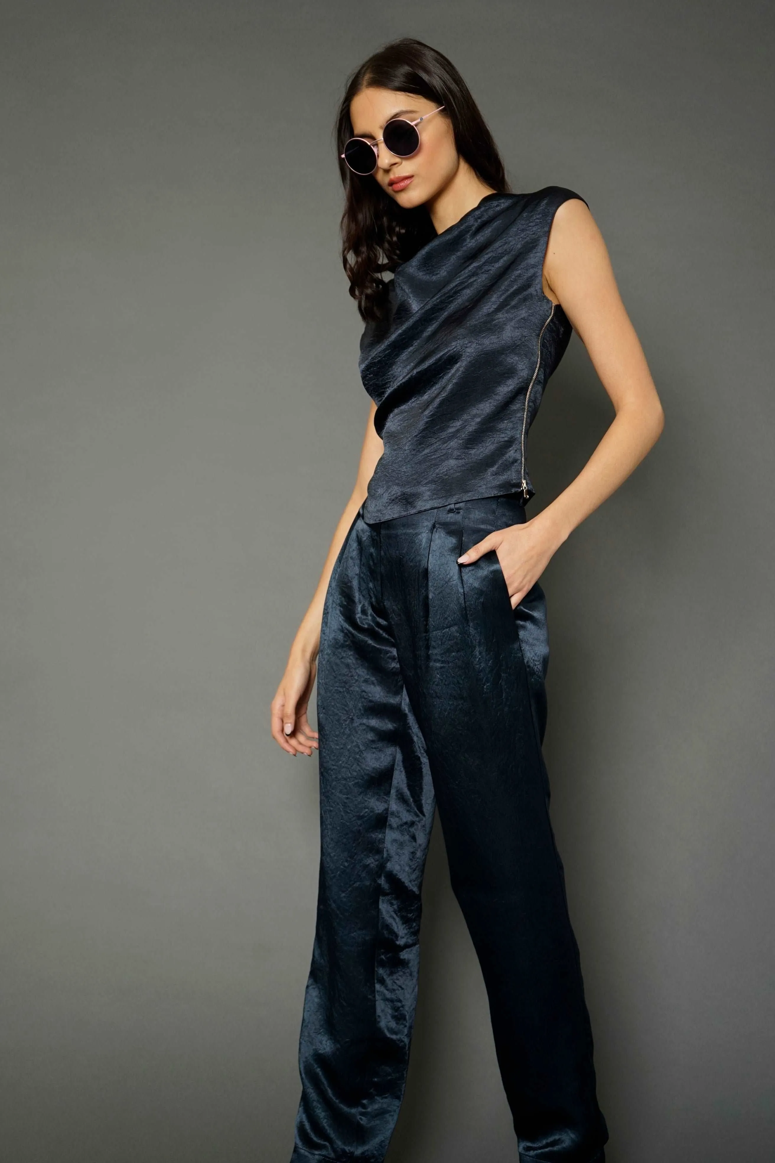 Santo  Navy Asymmetrical Blouse
