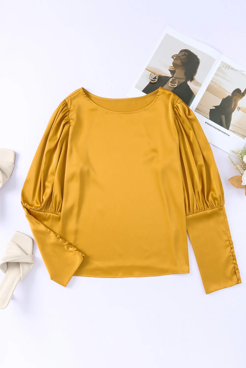 Satin Buttoned Cuffs Puff Sleeve Top