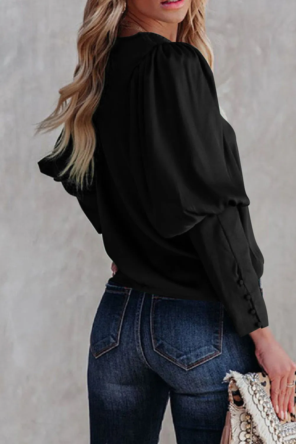 Satin Buttoned Cuffs Puff Sleeve Top