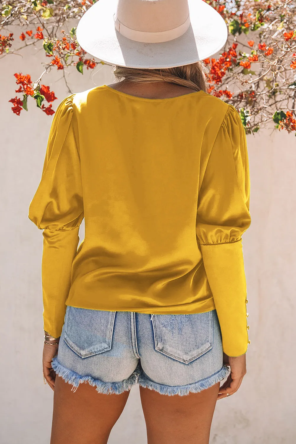 Satin Buttoned Cuffs Puff Sleeve Top
