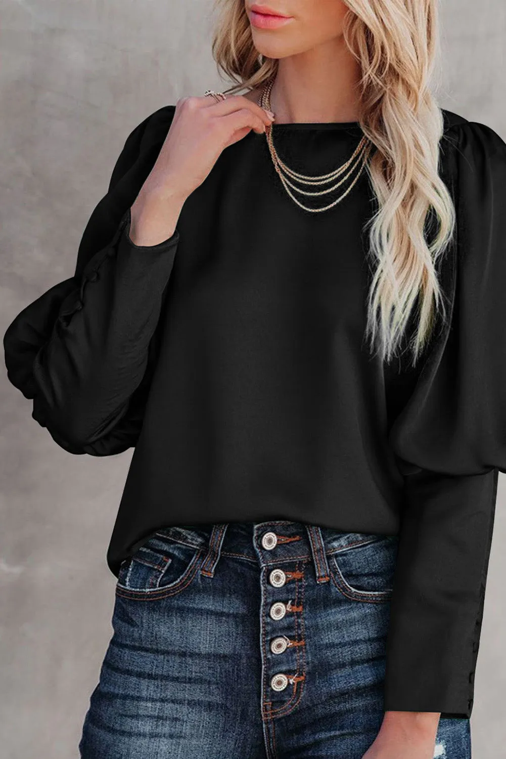 Satin Buttoned Cuffs Puff Sleeve Top