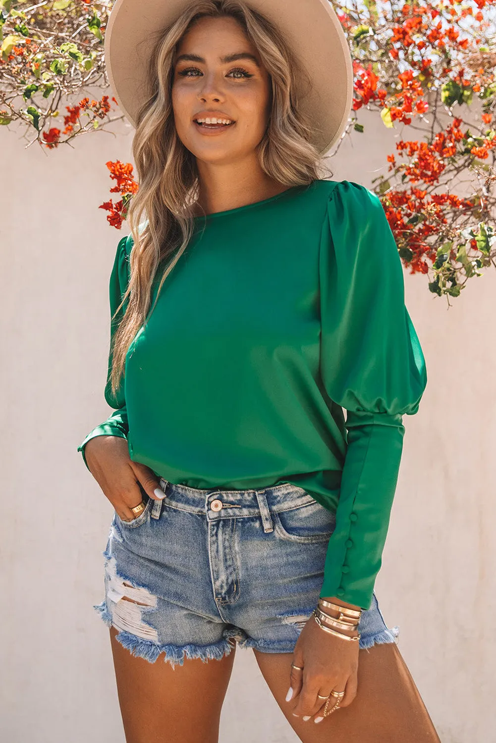 Satin Buttoned Cuffs Puff Sleeve Top