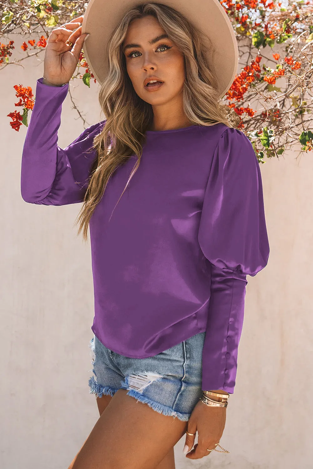 Satin Buttoned Cuffs Puff Sleeve Top