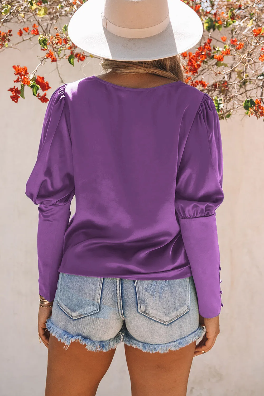 Satin Buttoned Cuffs Puff Sleeve Top