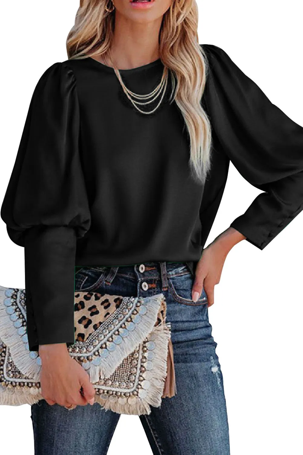 Satin Buttoned Cuffs Puff Sleeve Top