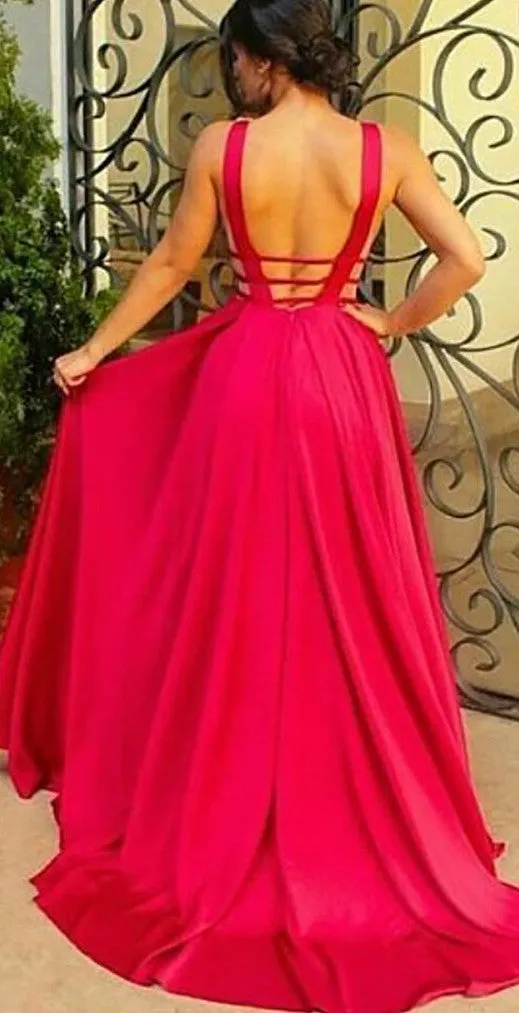 Sexy A-Line Backless Prom Dresses,Deep V-Neck Long Prom Evening Dress, M5