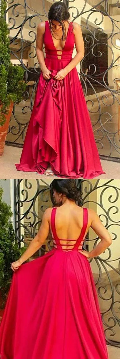 Sexy A-Line Backless Prom Dresses,Deep V-Neck Long Prom Evening Dress, M5
