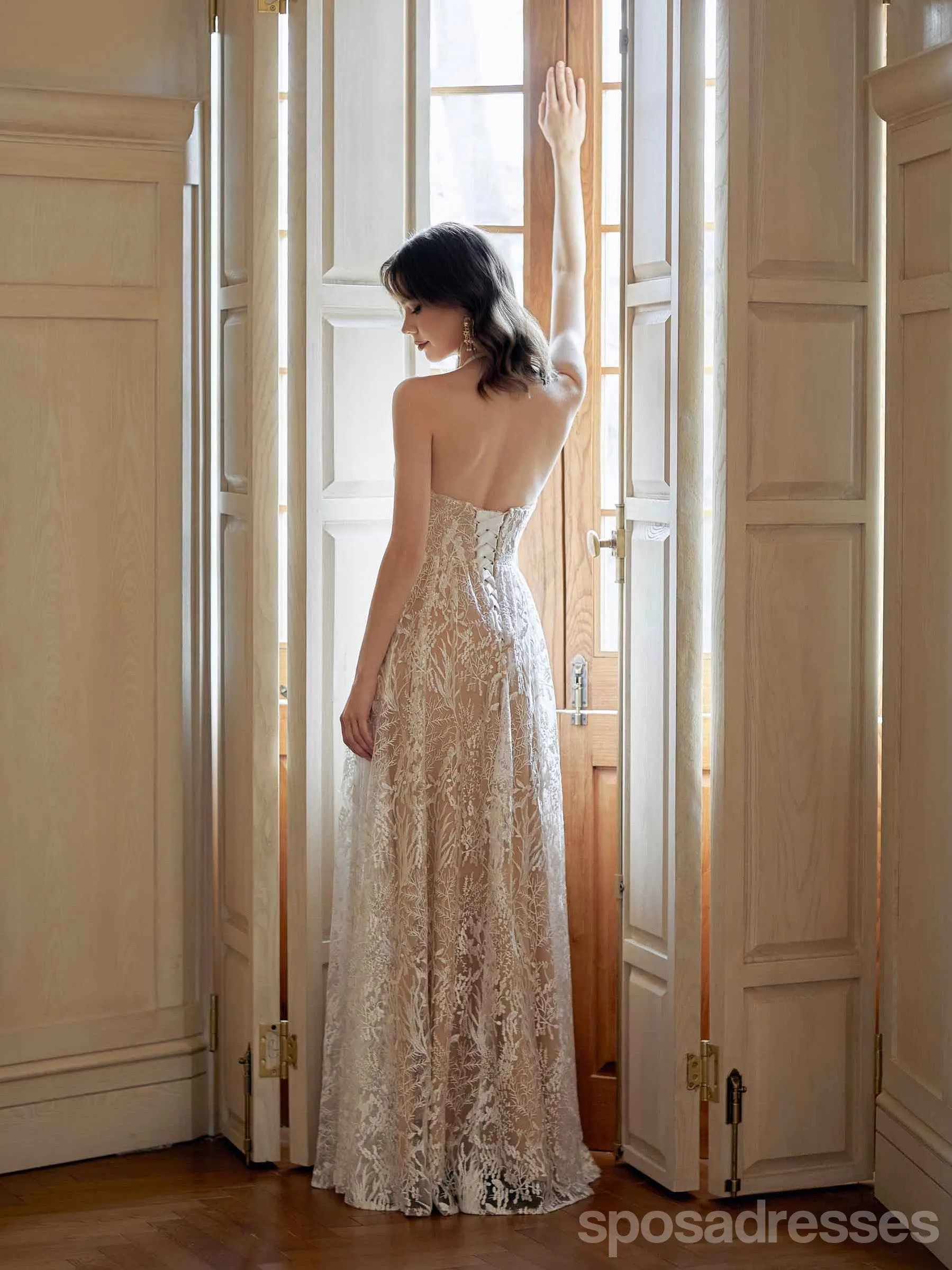 Sexy A-line Halter Champagne Handmade Lace Wedding Dresses,WD814