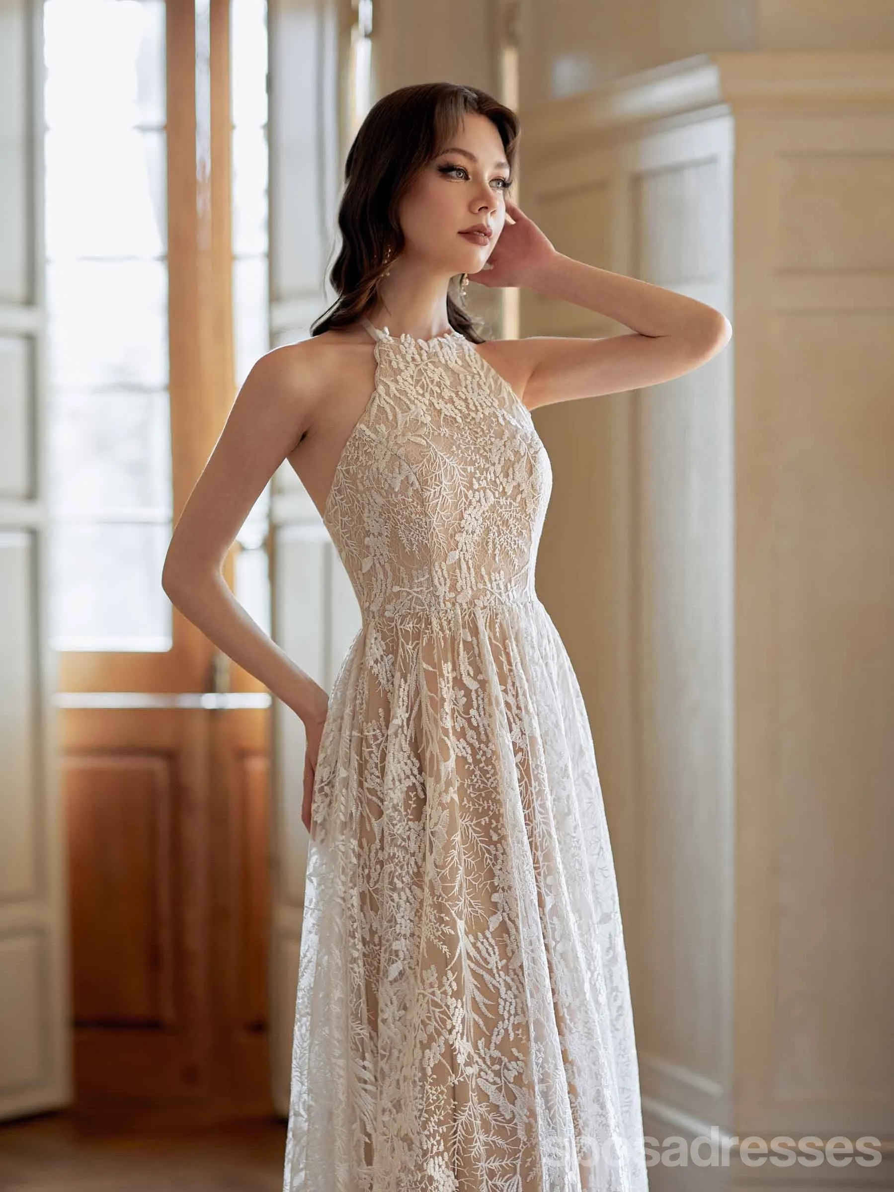 Sexy A-line Halter Champagne Handmade Lace Wedding Dresses,WD814
