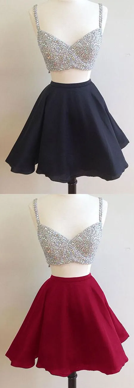 Sexy Black A Line Beading Two-piece Homecoming Dress,Bling Cocktail Dresses OK298