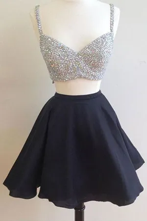 Sexy Black A Line Beading Two-piece Homecoming Dress,Bling Cocktail Dresses OK298
