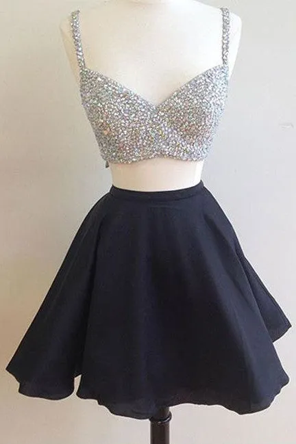 Sexy Black A Line Beading Two-piece Homecoming Dress,Bling Cocktail Dresses OK298