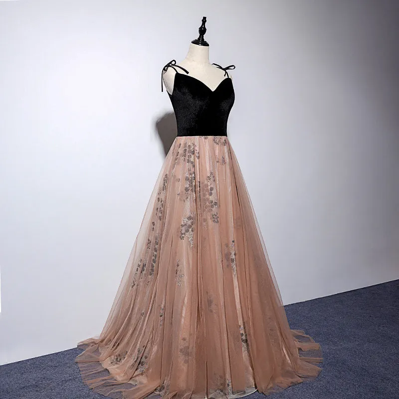 Sexy Champagne Tulle with Black Velvet Prom Dress, Straps Party Gown
