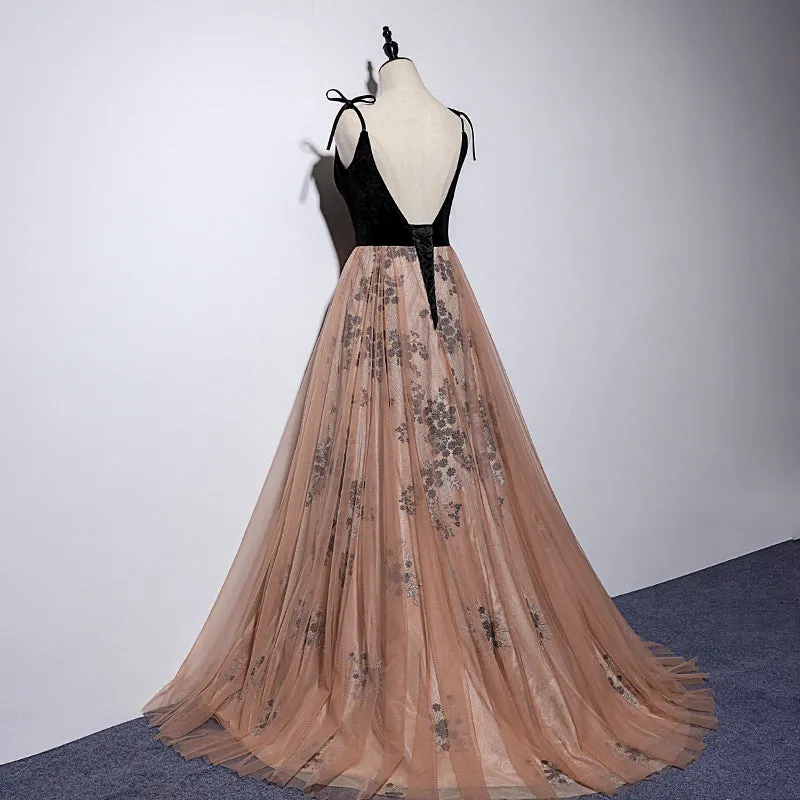 Sexy Champagne Tulle with Black Velvet Prom Dress, Straps Party Gown