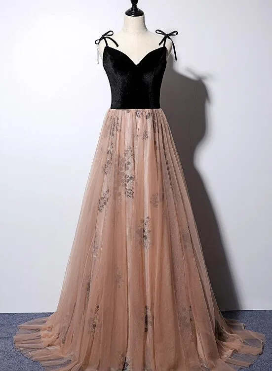 Sexy Champagne Tulle with Black Velvet Prom Dress, Straps Party Gown