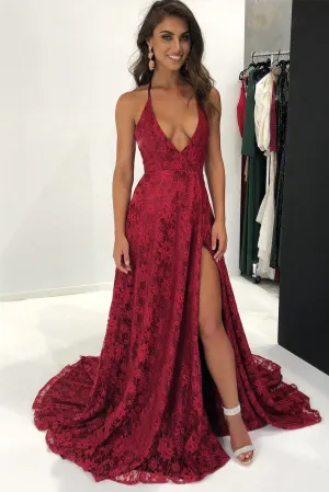 Sexy Halter Burgundy Lace Front Slit V Neck Long Prom Dresses OKA12