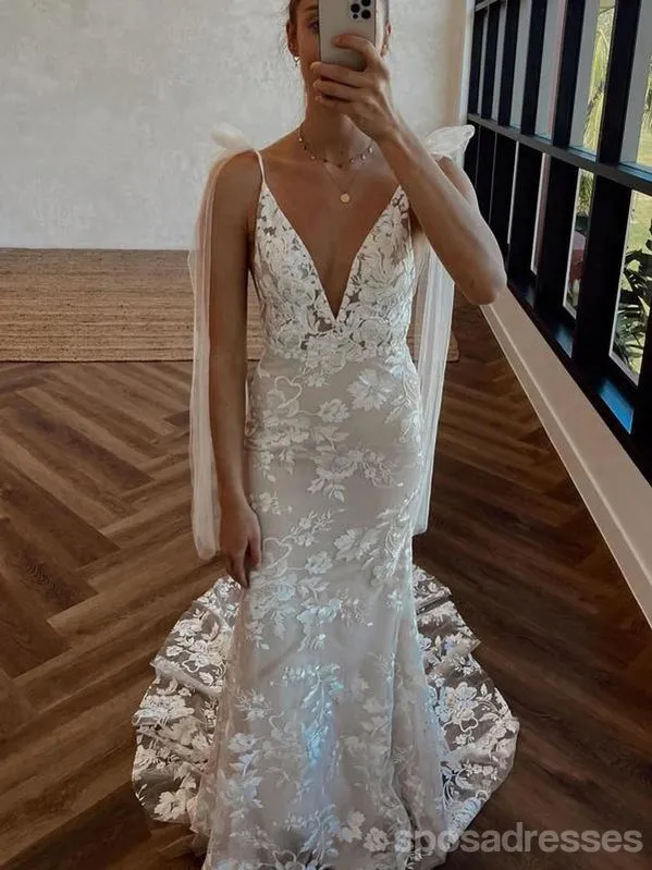 Sexy Long Mermaid Sleeveless V-neck Handmade Lace Wedding Dresses,WD777