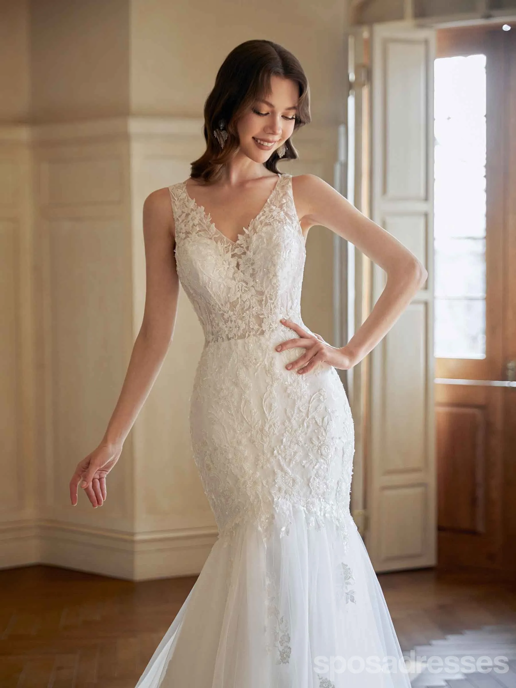Sexy Mermaid V-neck Maxi Long Handmade Lace Wedding Dresses For Bride,WD816