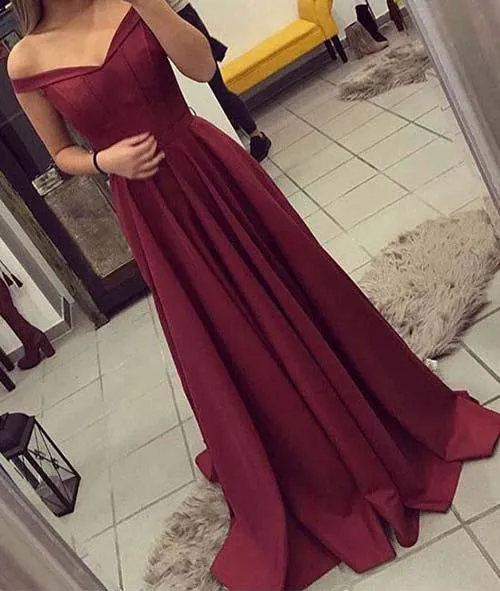 Simple Burgundy Off Shoulder A-line Long Prom Dresses Evening Dresses, SP346