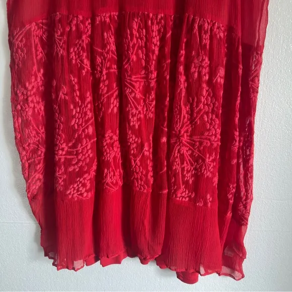 SOFT SURROUNDINGS Women's Red Ariela Silk Dress Size L Sheer Lace Embroidered