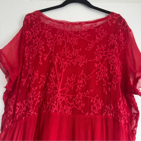 SOFT SURROUNDINGS Women's Red Ariela Silk Dress Size L Sheer Lace Embroidered