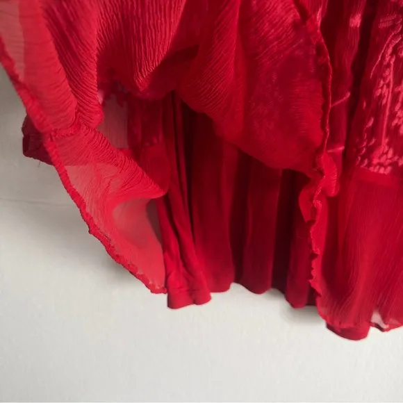SOFT SURROUNDINGS Women's Red Ariela Silk Dress Size L Sheer Lace Embroidered