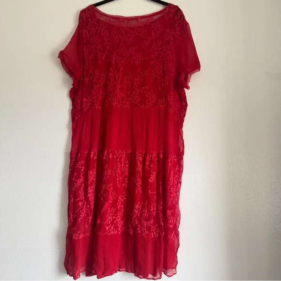 SOFT SURROUNDINGS Women's Red Ariela Silk Dress Size L Sheer Lace Embroidered