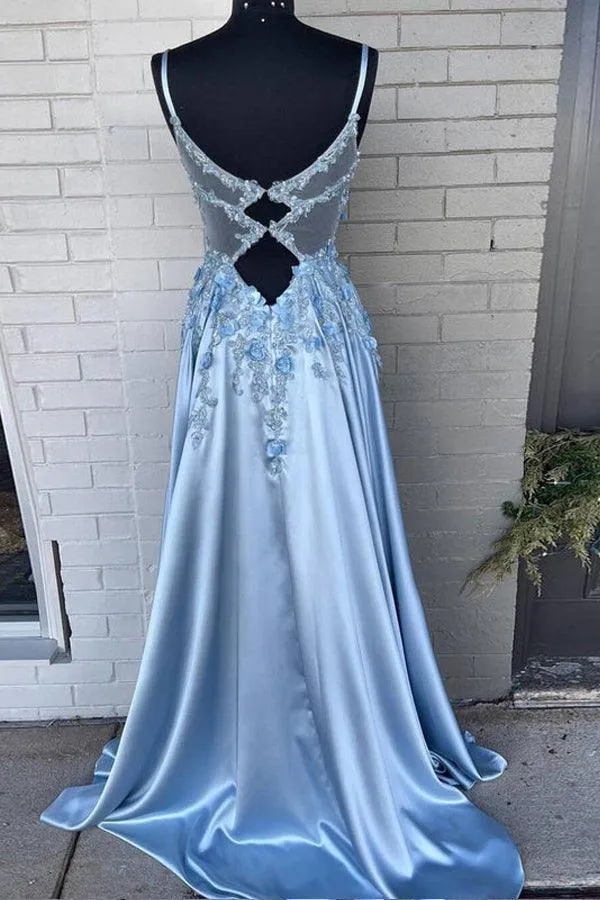 Spaghetti Straps 3D Flowers Prom Dress A Line Formal Gown TP1160
