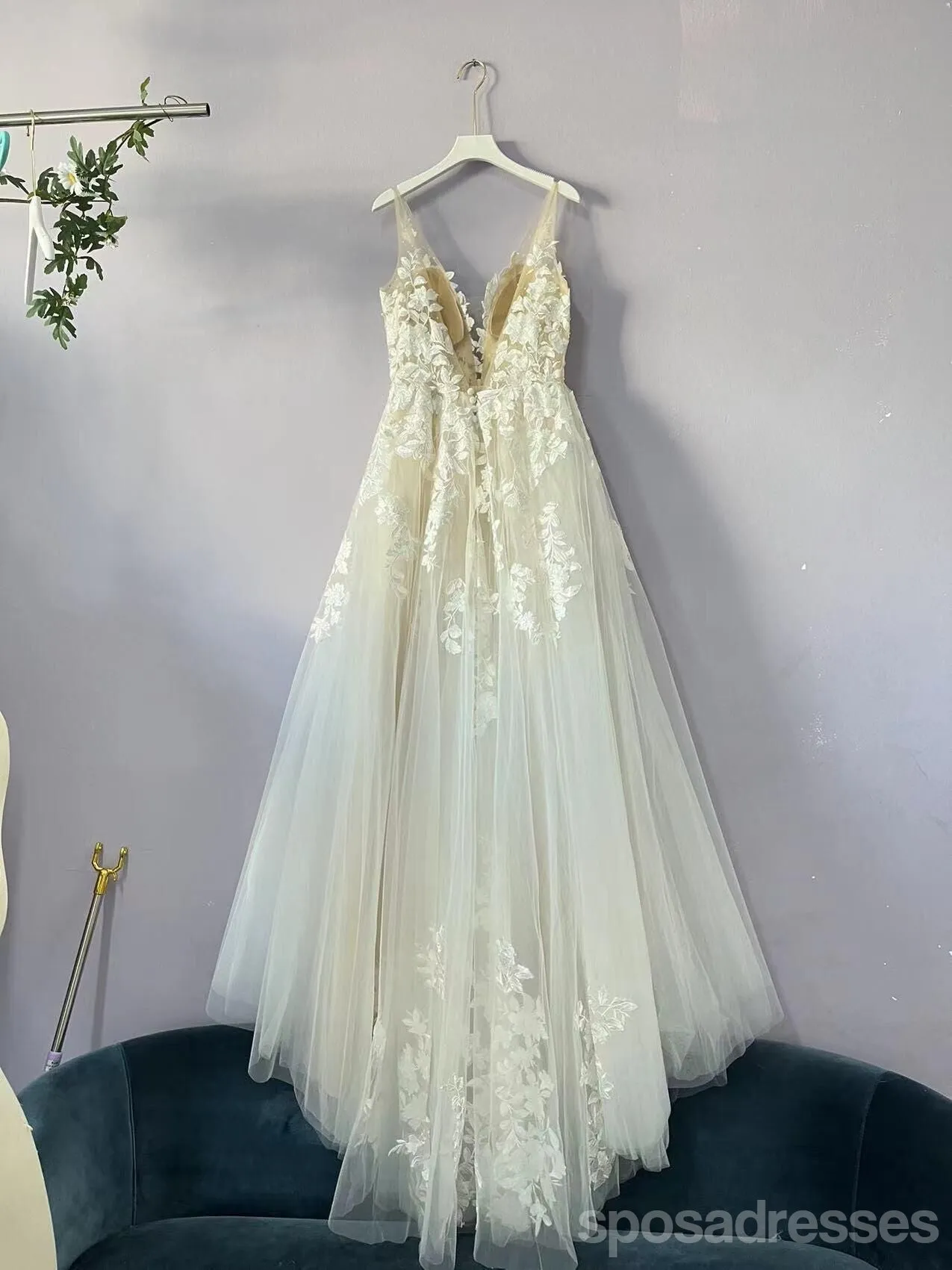 Straps A-line Open Back V-neck Handmade Lace Wedding Dresses,WD786