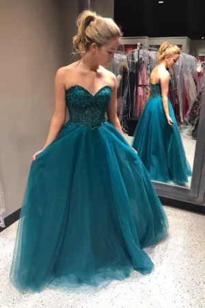 Sweetheart Beading A-Line Long Blue Tulle Cheap Prom Dress OK957