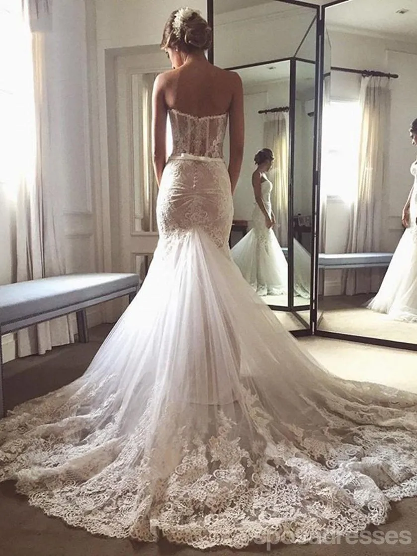 Sweetheart Mermaid Sleeveless Handmade Lace Wedding Dresses,WD768