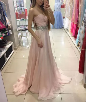 Sweetheart pink chiffon long prom dress, pink formal dress